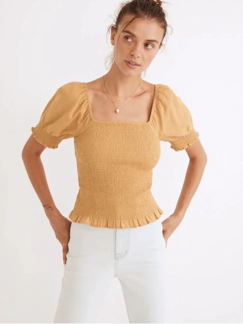 Madewell Lucie Puff-Sleeve Smocked Bodice Top in Gold